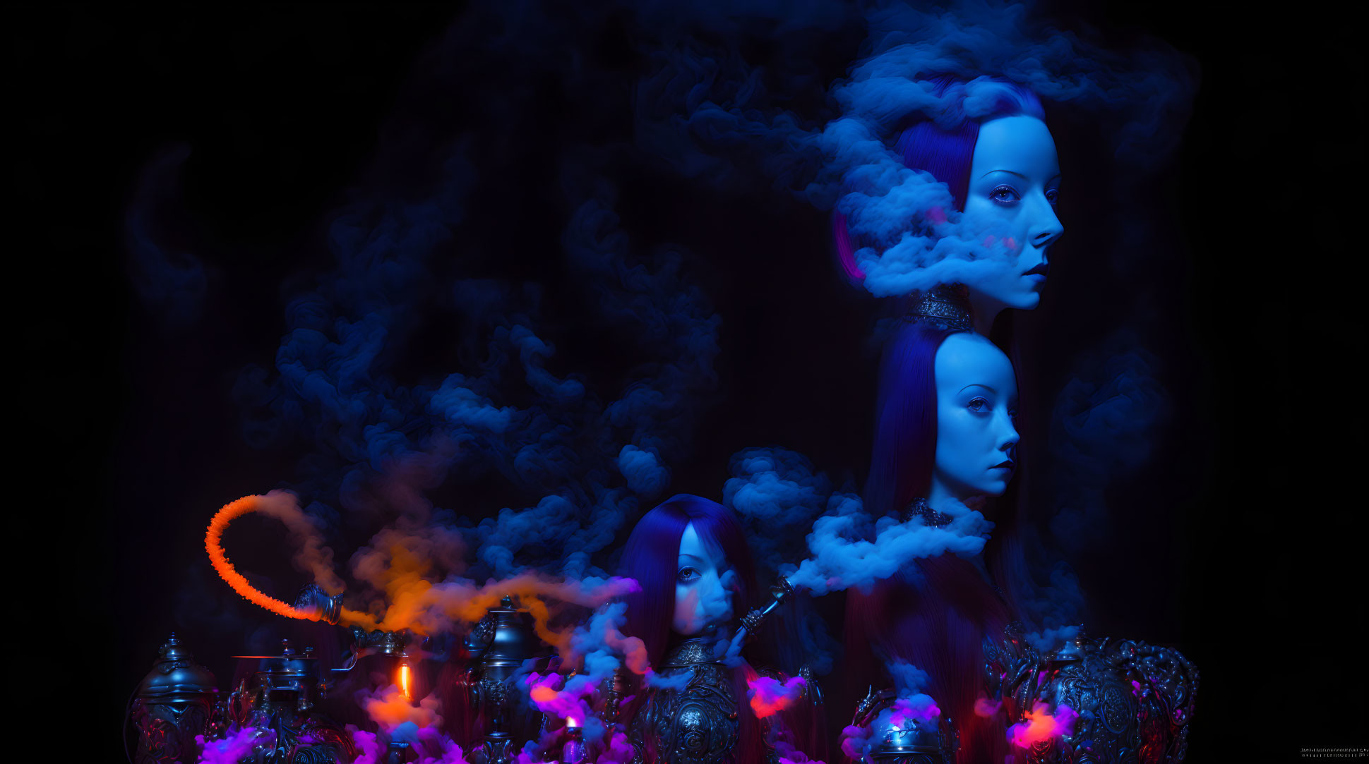 Surreal digital artwork of three female figures with swirling smoke and illuminated teapots