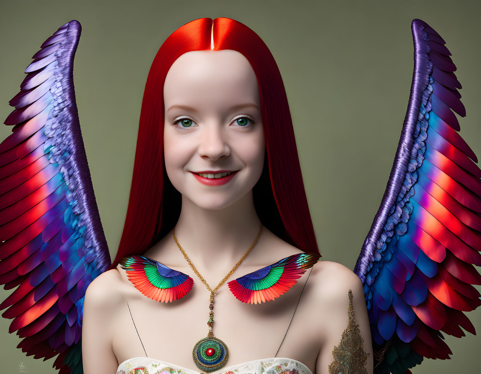 Colorful digital artwork of a smiling female figure with red hair, angel wings, peacock feather necklace