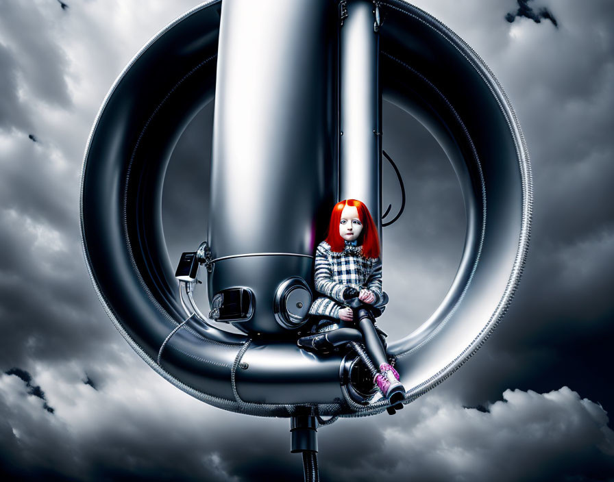 Red-Haired Girl on Futuristic Headphone with Cloudy Sky Background