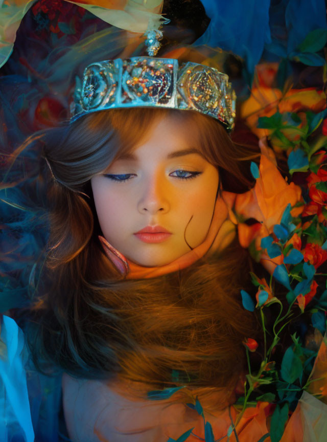 Woman with jeweled crown surrounded by vibrant flowers and soft blue light