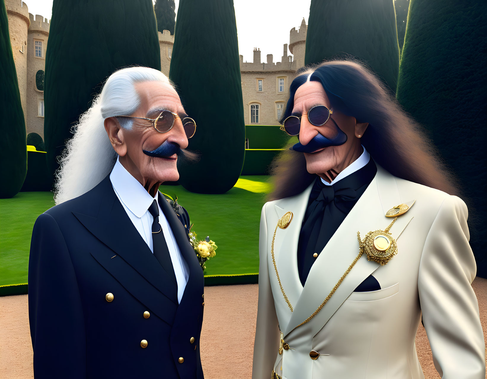 Exaggerated cartoon characters in stylish attire at castle gardens