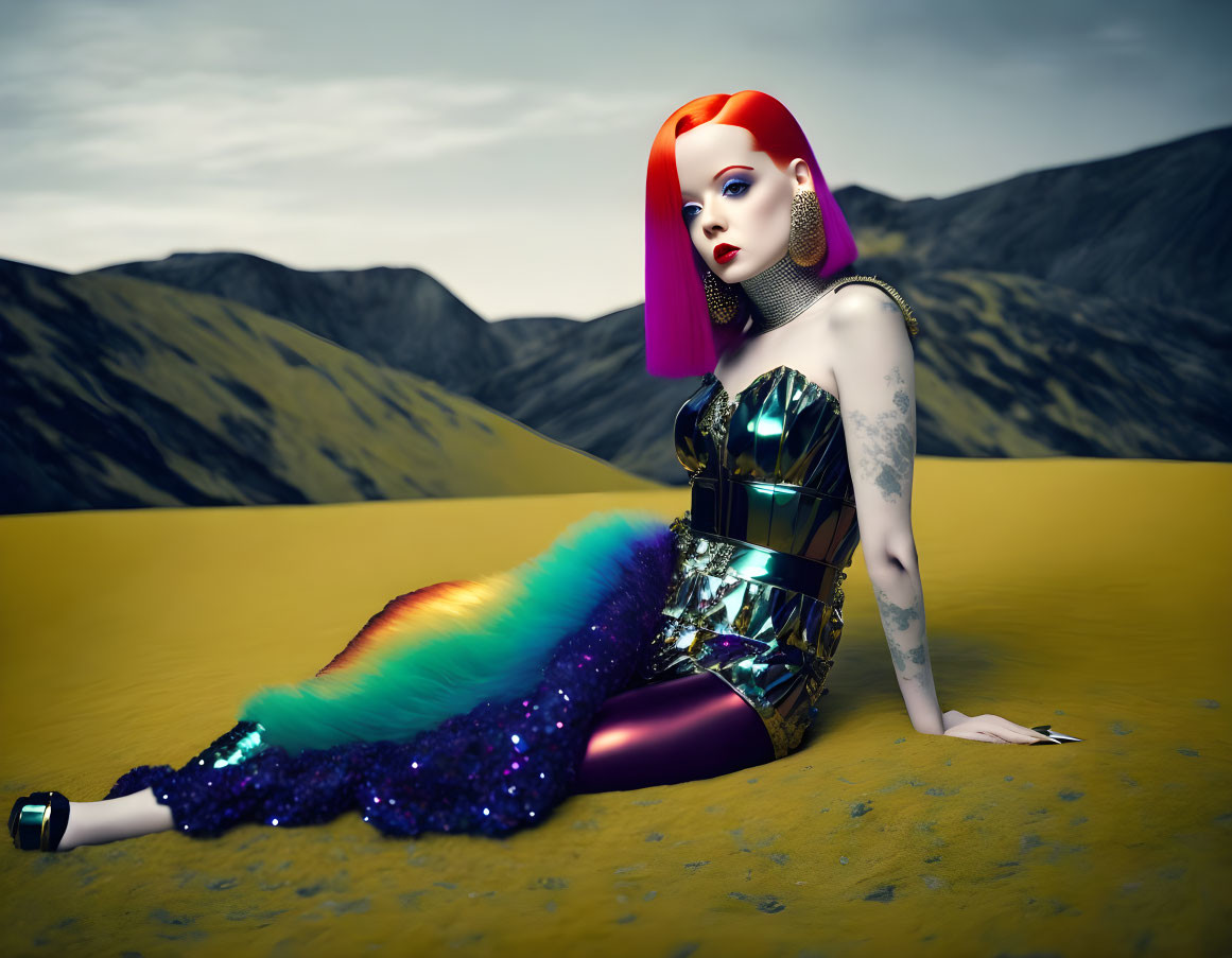 Colorful Bob-Haired Mannequin in Sparkly Dress on Sandy Landscape