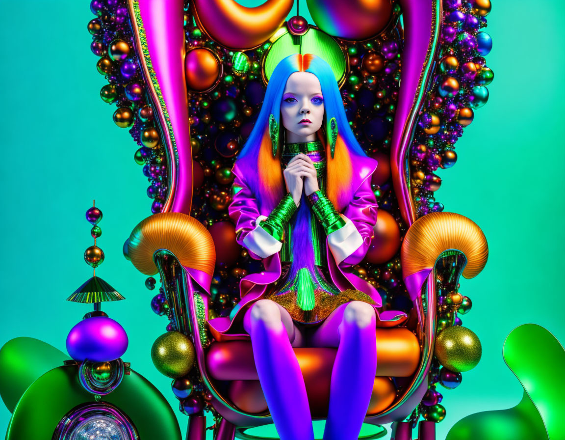 Colorful portrait of person with multicolored hair on ornate throne against gradient background