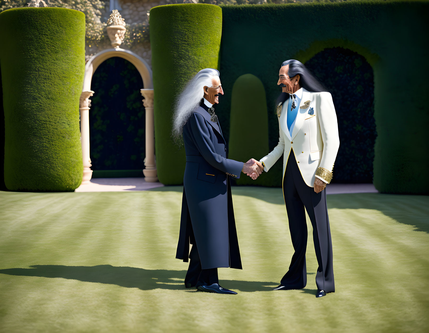 Elderly Gentlemen Shake Hands in Formal Garden