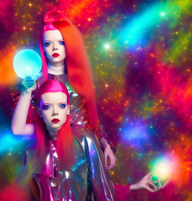 Two women with red hair and bold makeup in cosmic setting with light bulb and glowing orb.