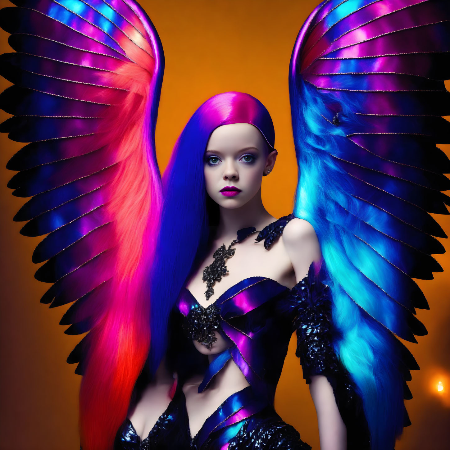 Colorful person with blue and pink hair, large wings, and ornate attire on warm gradient background