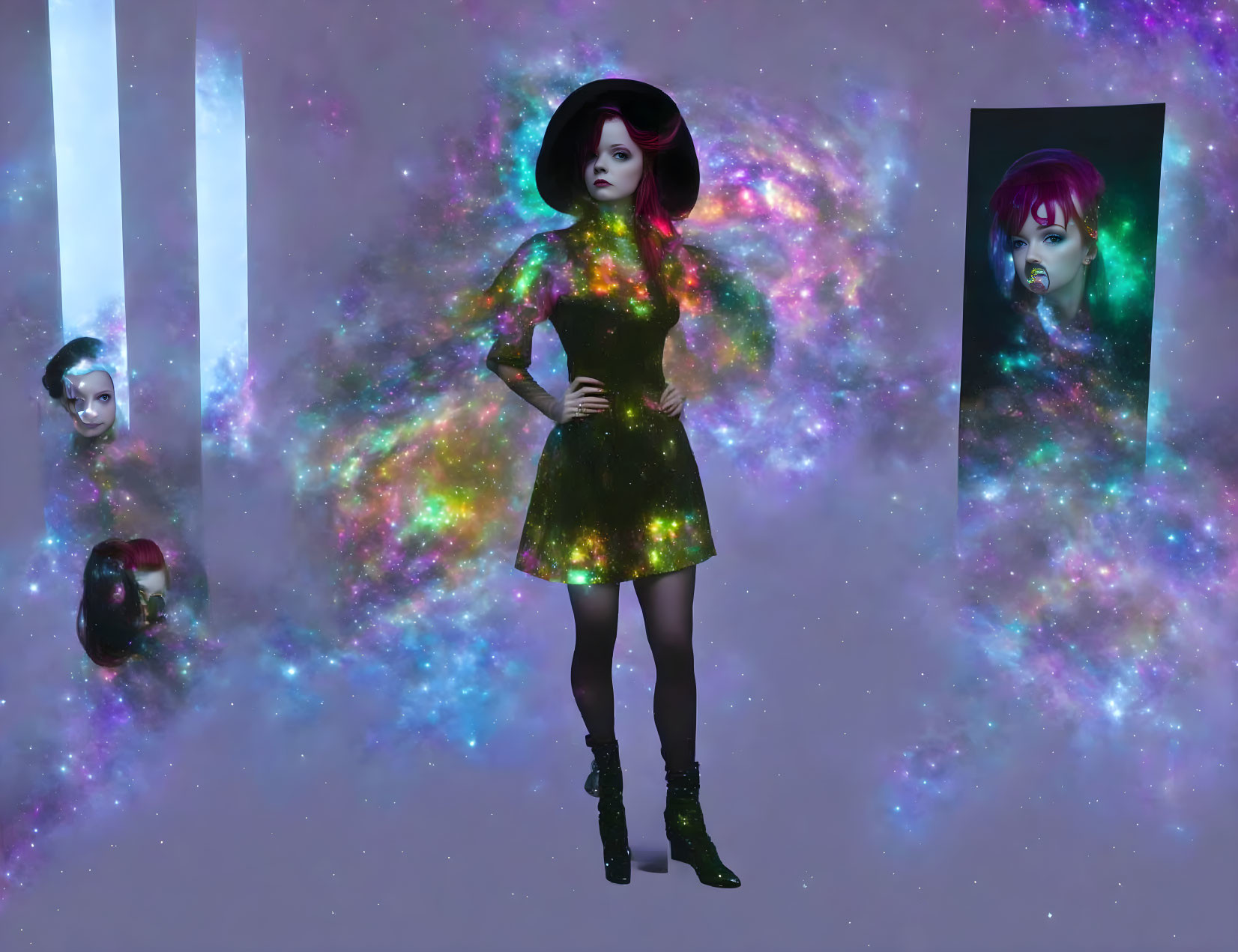 Gothic-style female character with cosmic patterns in nebula setting
