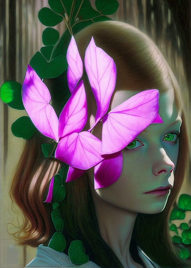 Surreal portrait: person with pink butterfly wings in green foliage