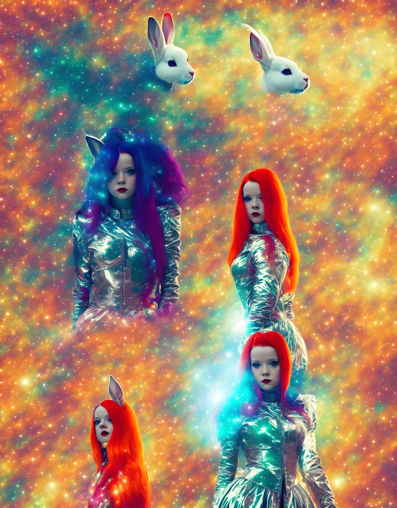 Colorful hair women in metallic outfits with surreal cosmic rabbit heads