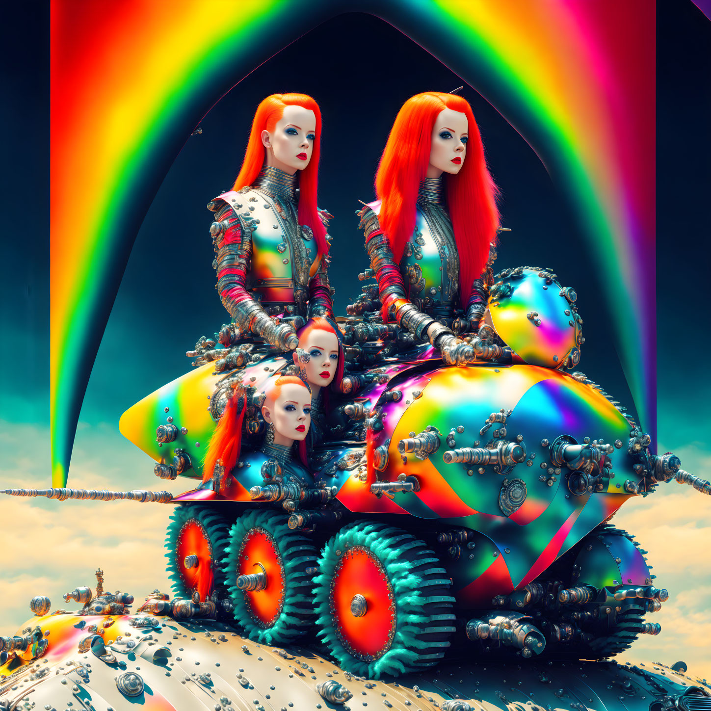 Surreal image: Identical red-haired women on colorful caterpillar in neon landscape