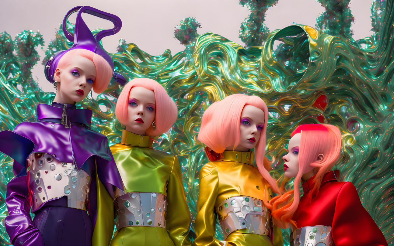 Avant-garde outfits and colorful hairstyles on four models against a metallic background