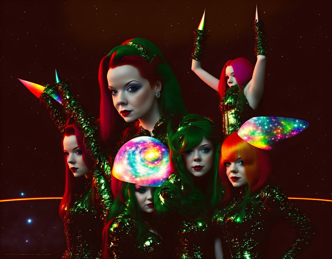 Stylized female figures in green outfits with cosmic headpieces on starry background