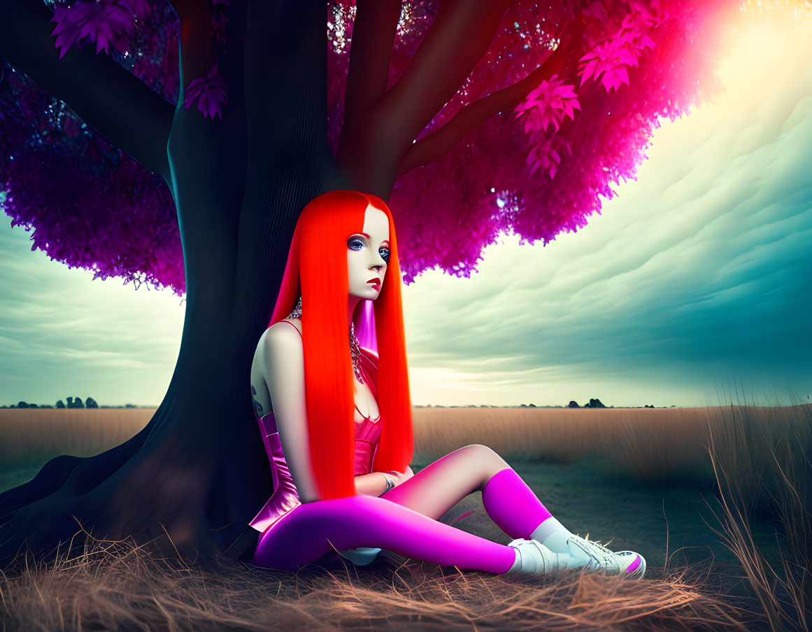 Colorful digital artwork: woman with orange hair under purple tree against dramatic sky