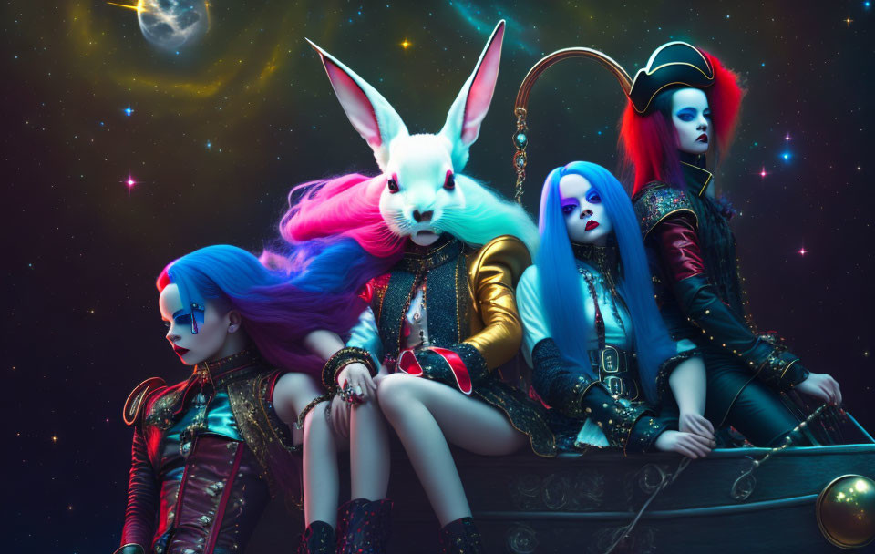 Colorful Hair Women & White Rabbit in Cosmic Setting