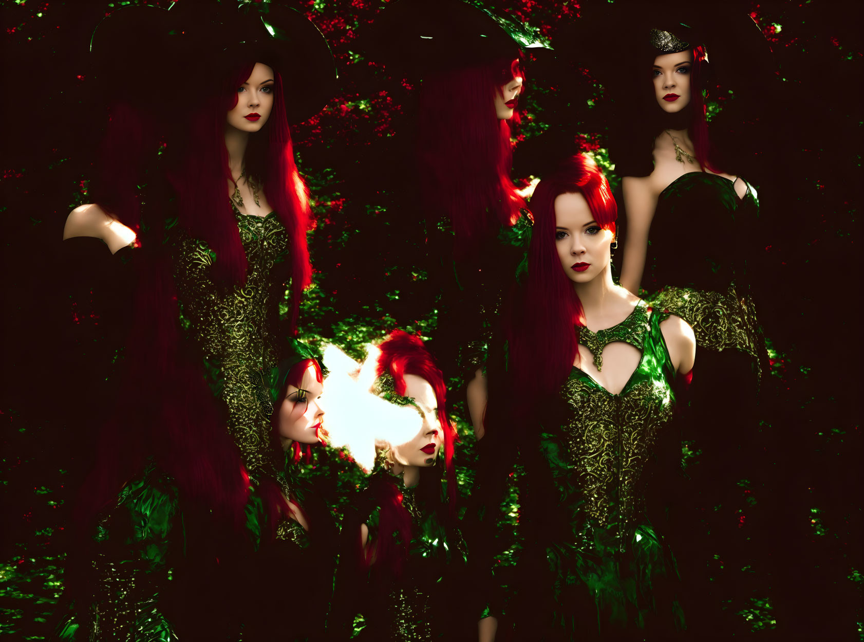 Four red-haired female figures in green dresses and black hats in a dark, moody forest with red