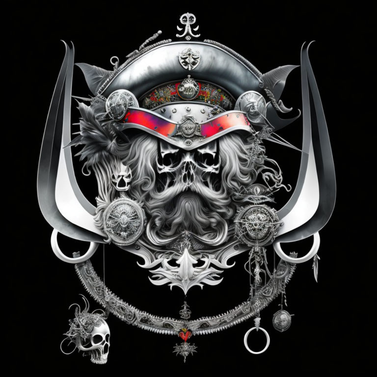 Monochromatic heraldic design with knight helmet, swords, lion, skulls, banners, and fle
