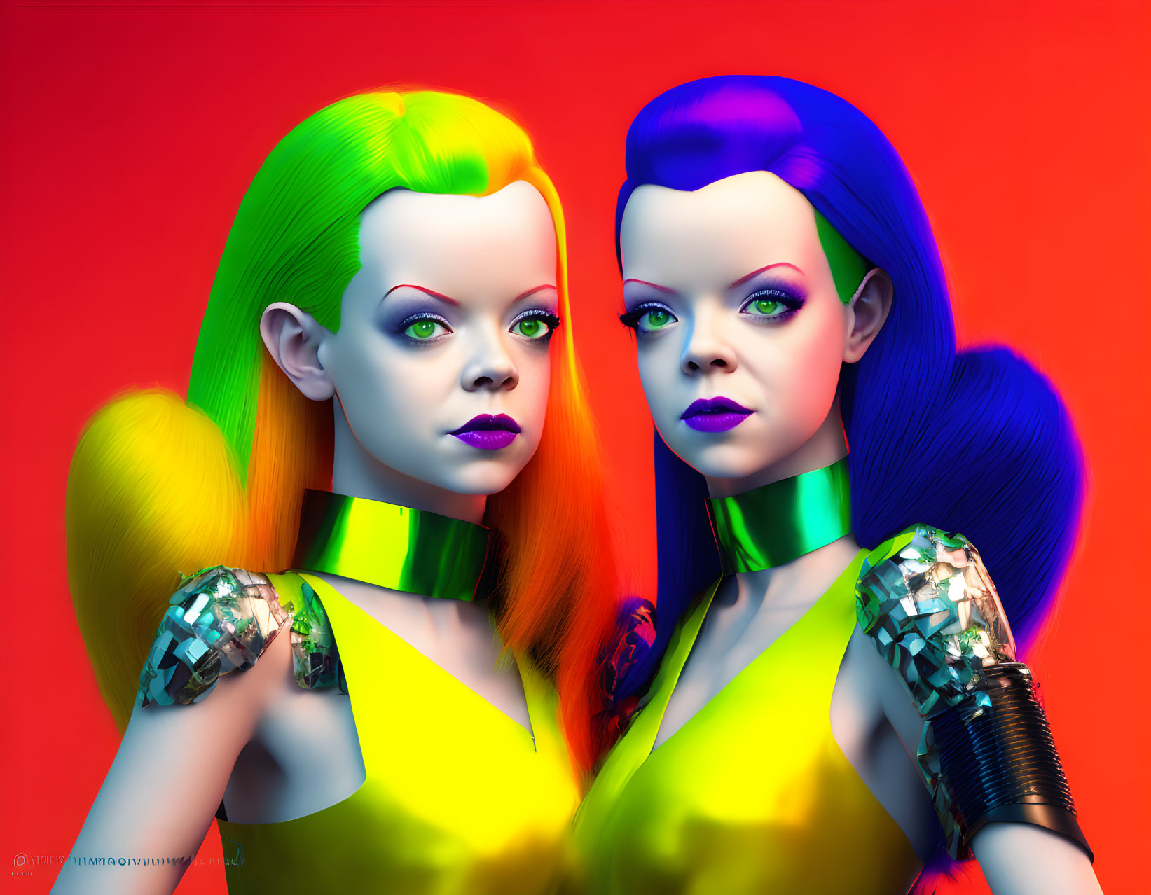 Two women in vibrant hair and makeup, futuristic outfits, against red background