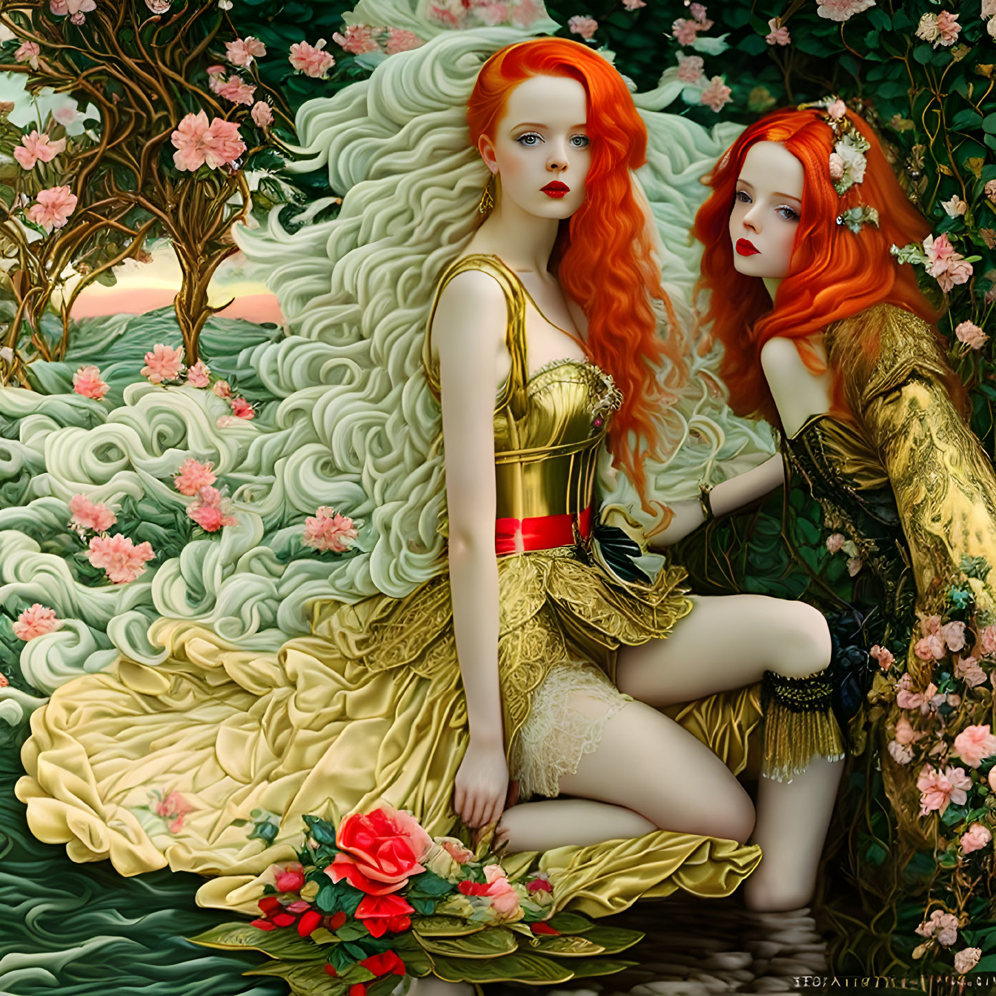 Digital Artwork: Two Women with Striking Red Hair in Elaborate Gold Dresses surrounded by Green