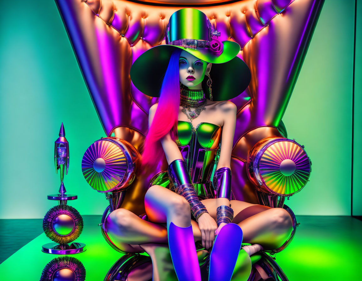 Vibrant futuristic portrait of a woman with colorful makeup and large hat