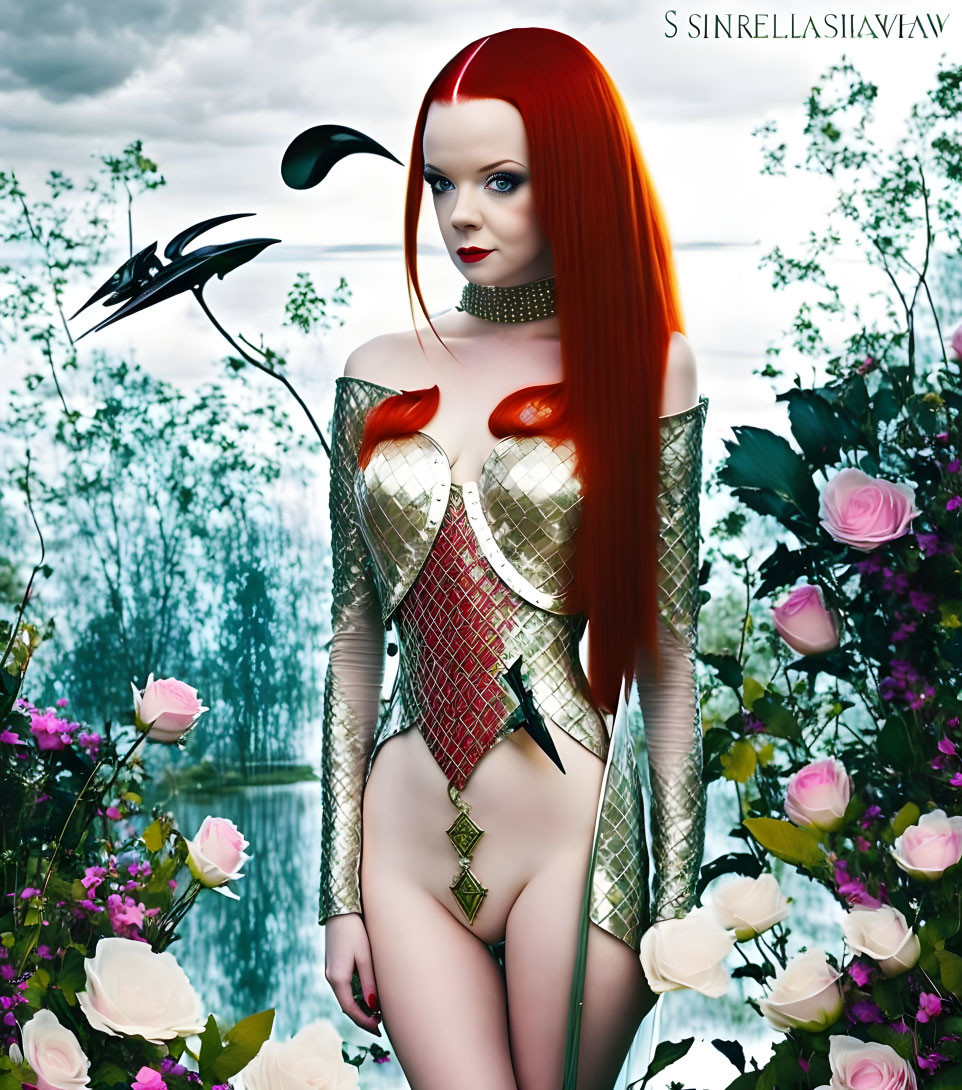 Vibrant red-haired woman in fantasy costume with surreal landscape.