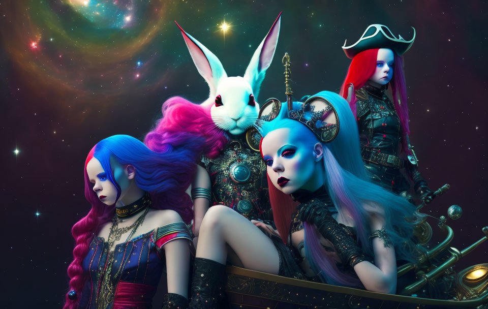 Colorful Cyberpunk Female Characters with White Rabbit in Cosmic Nebula