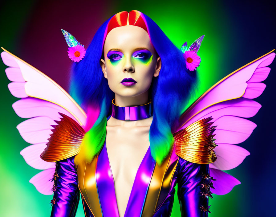 Colorful fantasy image: person with blue hair, butterfly wings, and vibrant makeup on multicolored