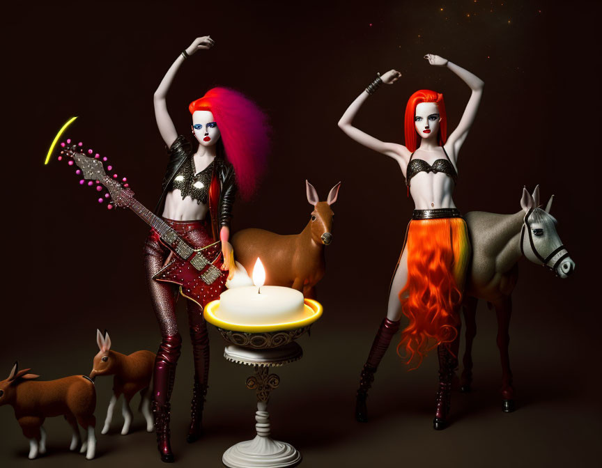 Exaggerated hairstyle animated rockstar characters with stylized animals and candle.