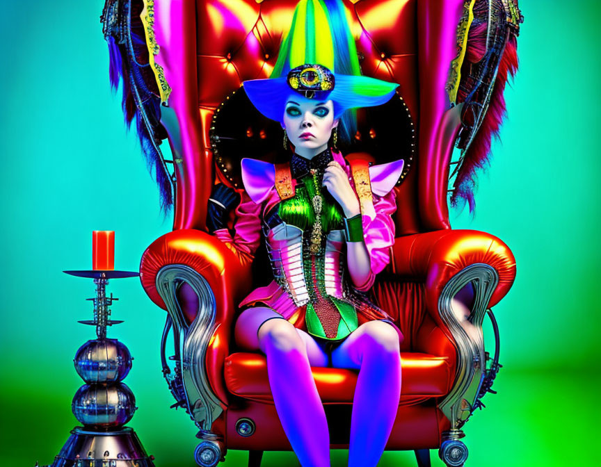 Vibrant portrait: woman in avant-garde fashion on red throne