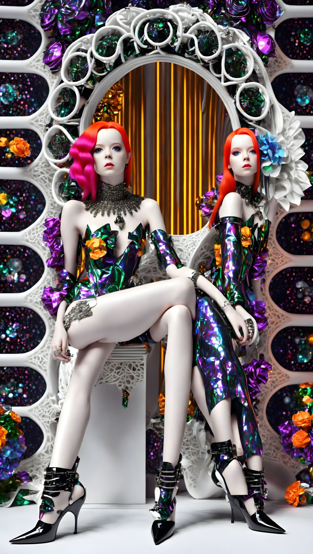 Vibrant hair mannequins in floral outfits with ornate mirror and purple flowers