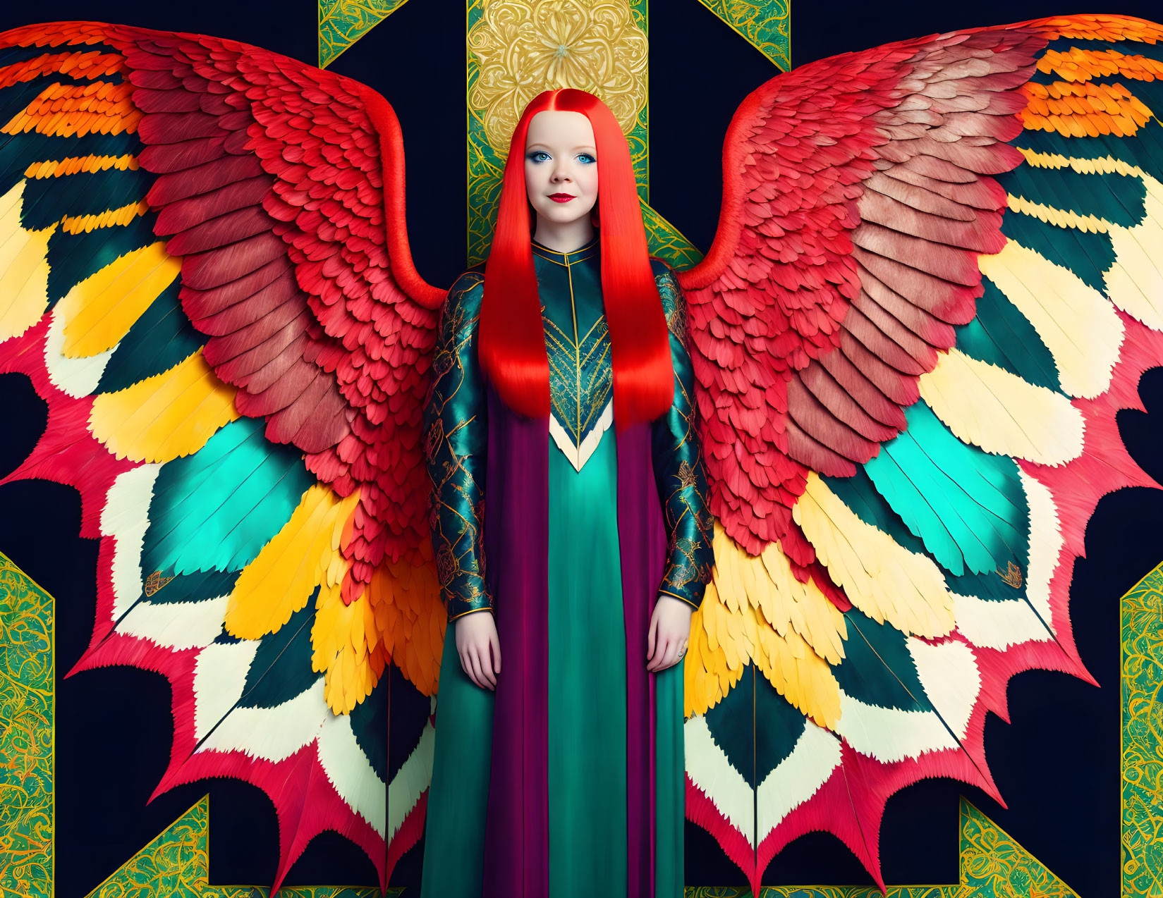 Red-haired woman in colorful winged costume against patterned backdrop