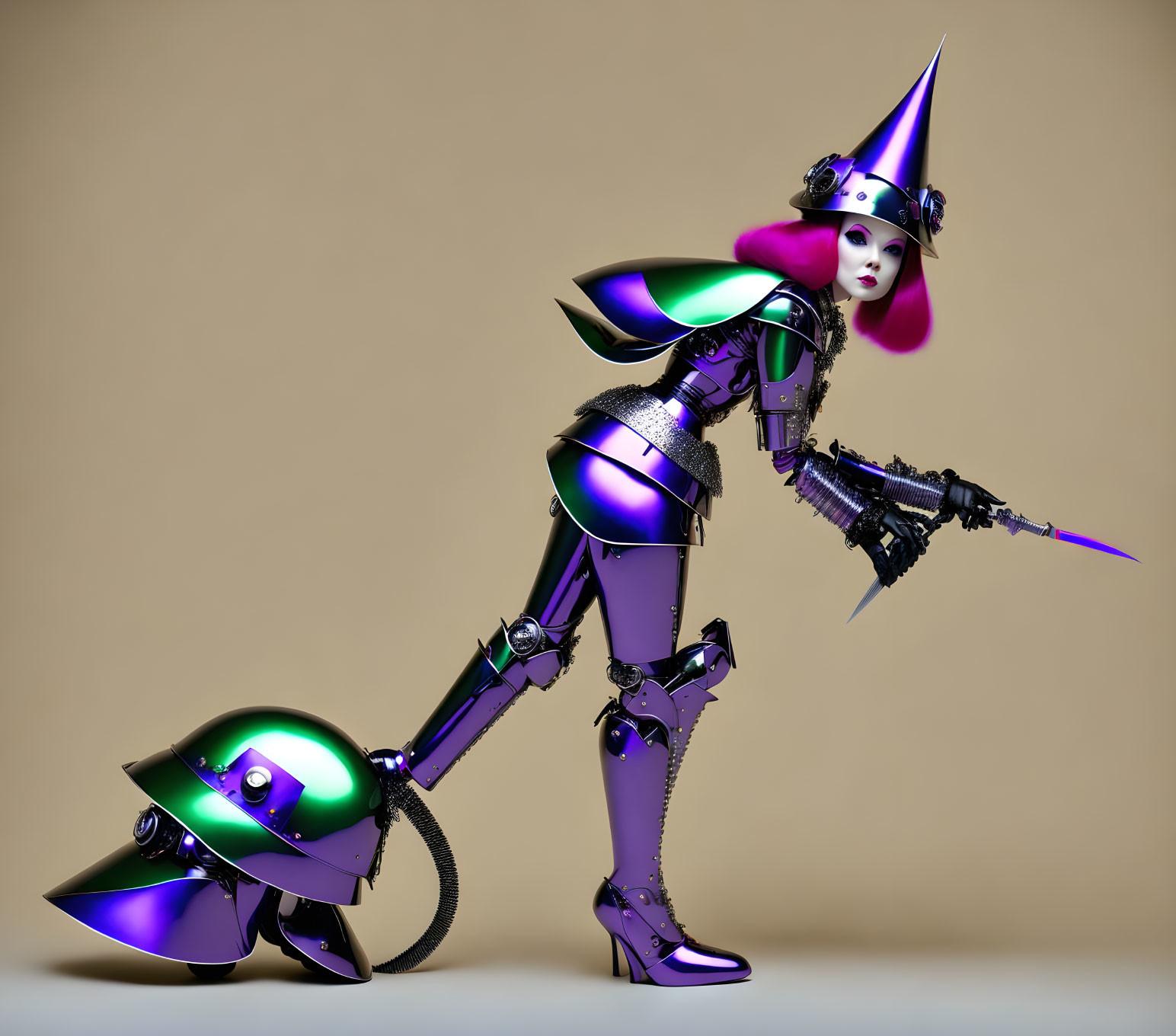 Futuristic female robot in purple and green armor with futuristic weapon