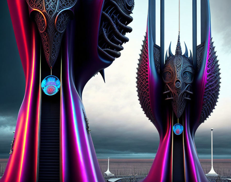 Intricately designed alien-like statues under purple sky