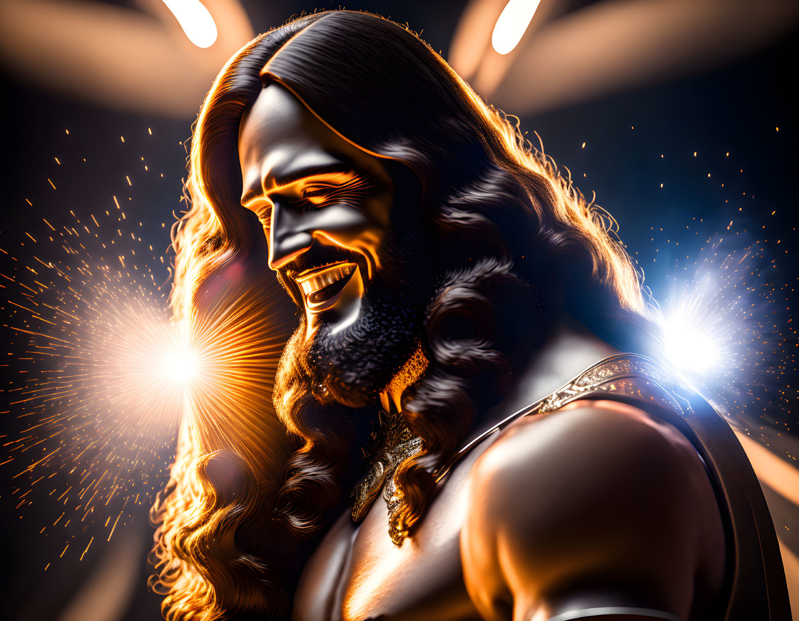 Smiling figure with long hair and beard in warm glow and light flares