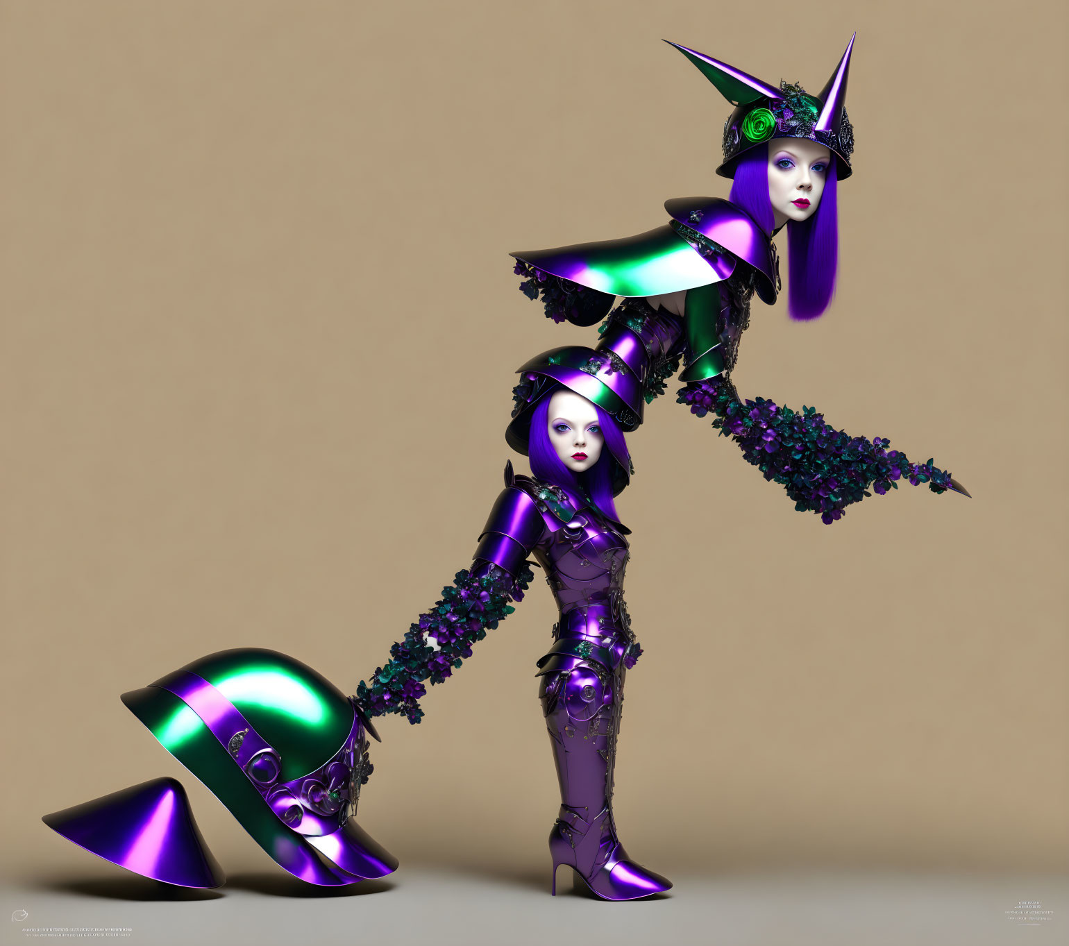 Futuristic female with violet hair in metallic purple outfit posing with mannequin-like figure