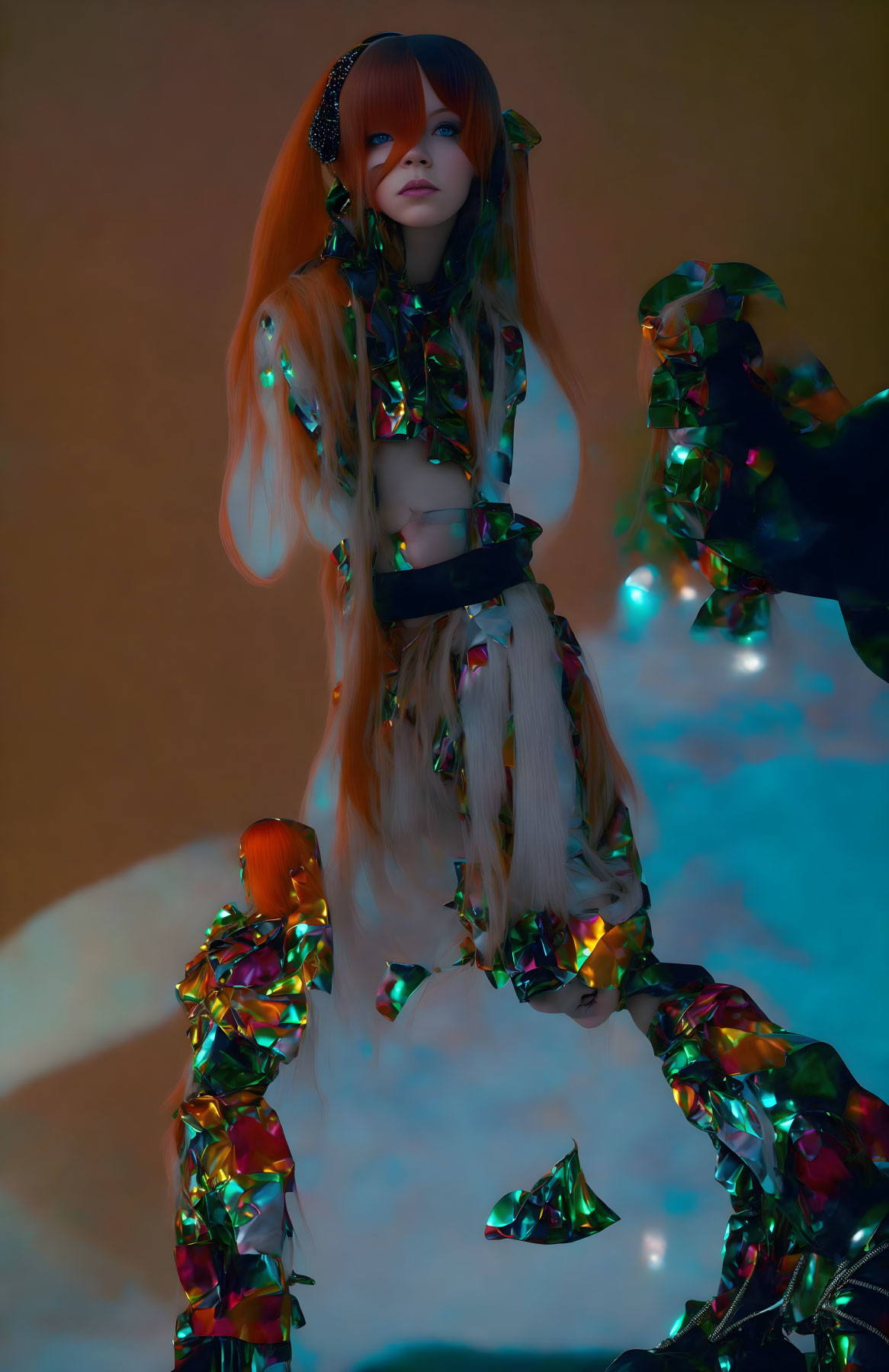 Long orange hair person in metallic outfit against futuristic background