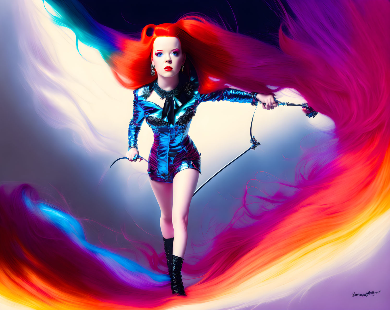 Colorful artwork: Woman with red hair in blue outfit amidst swirling colors