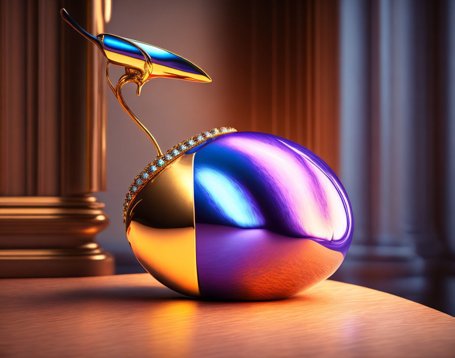 Metallic bird sculpture on colorful egg-shaped body with gemstones on table