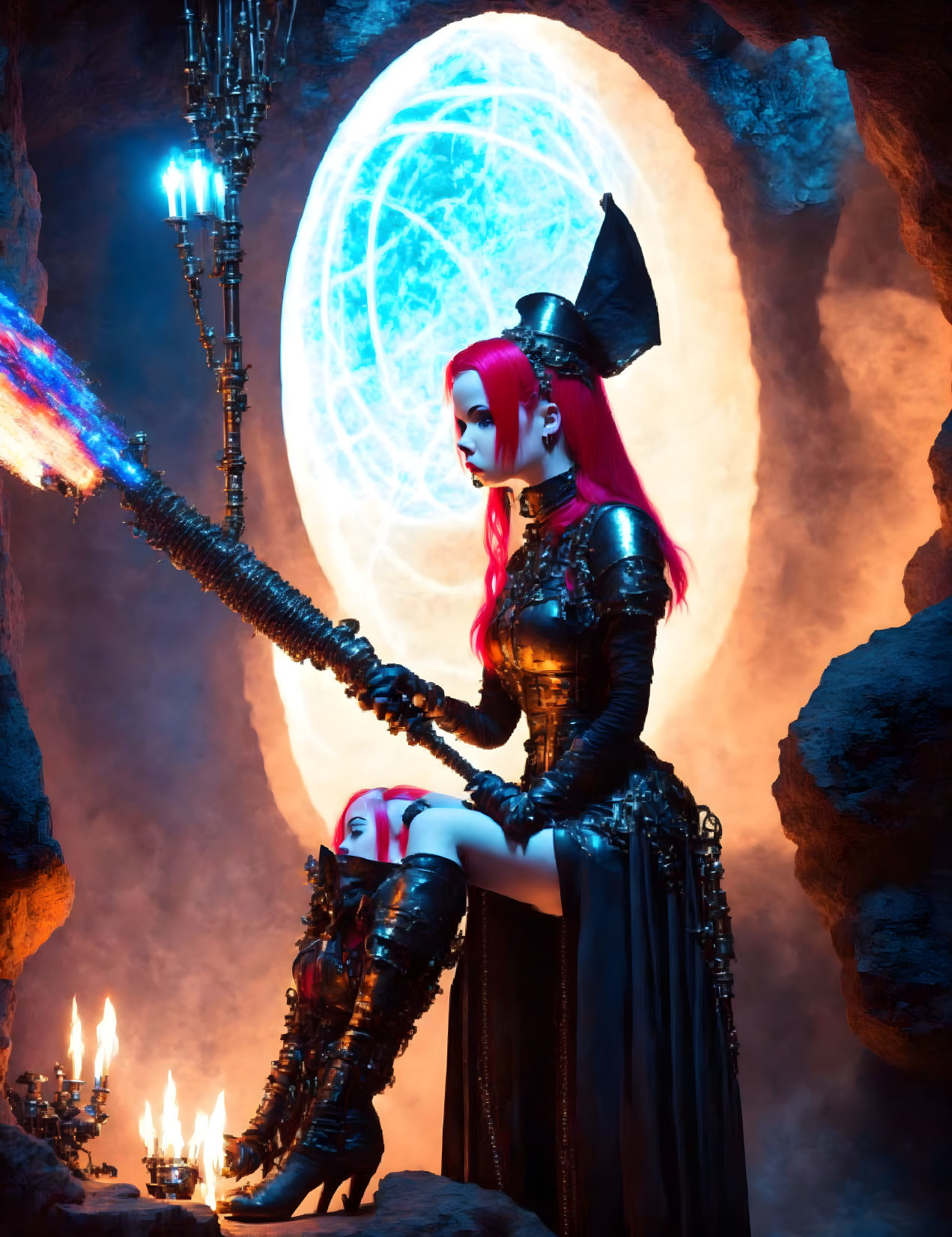 Pink-haired figure in dark fantasy attire with staff in cave surrounded by candles and glowing portal