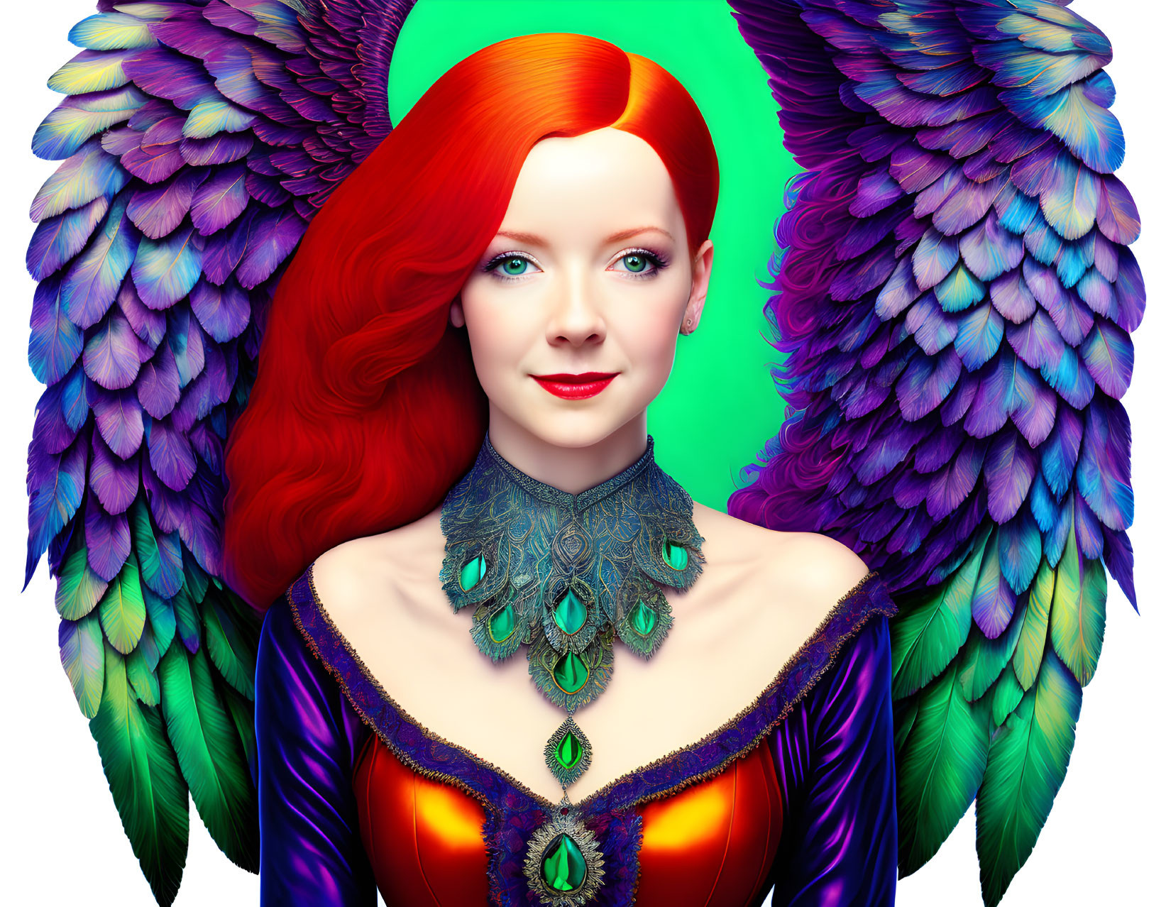 Person with Red Hair and Colorful Wings in Jeweled Neckline on Green Background