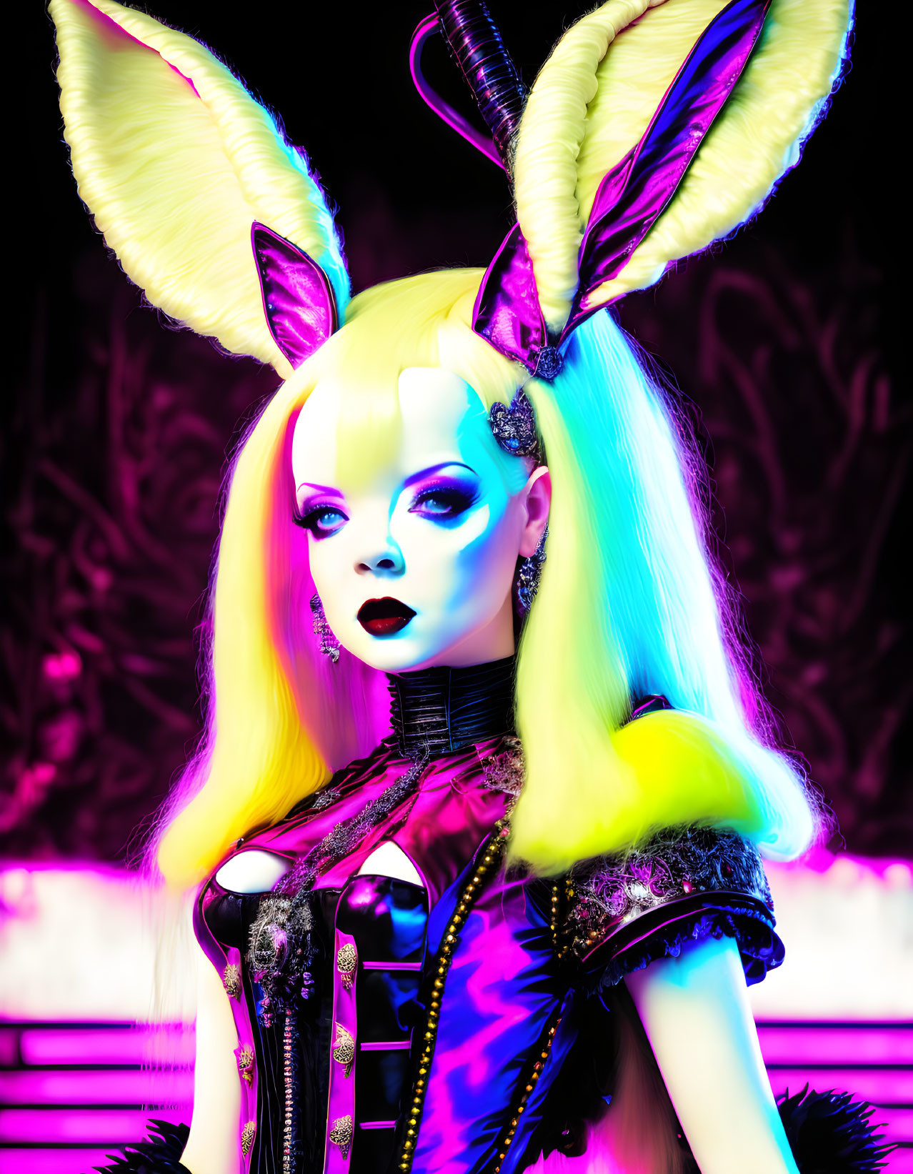 Colorful portrait of woman with bunny ears and yellow hair on neon pink backdrop