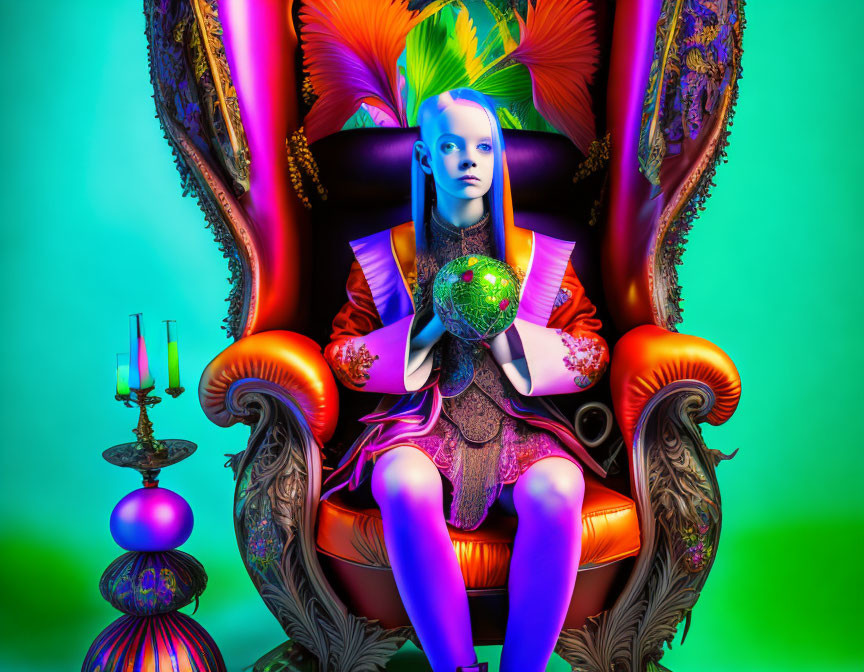 Colorful surreal portrait of person with blue skin holding a globe on ornate throne surrounded by candles and