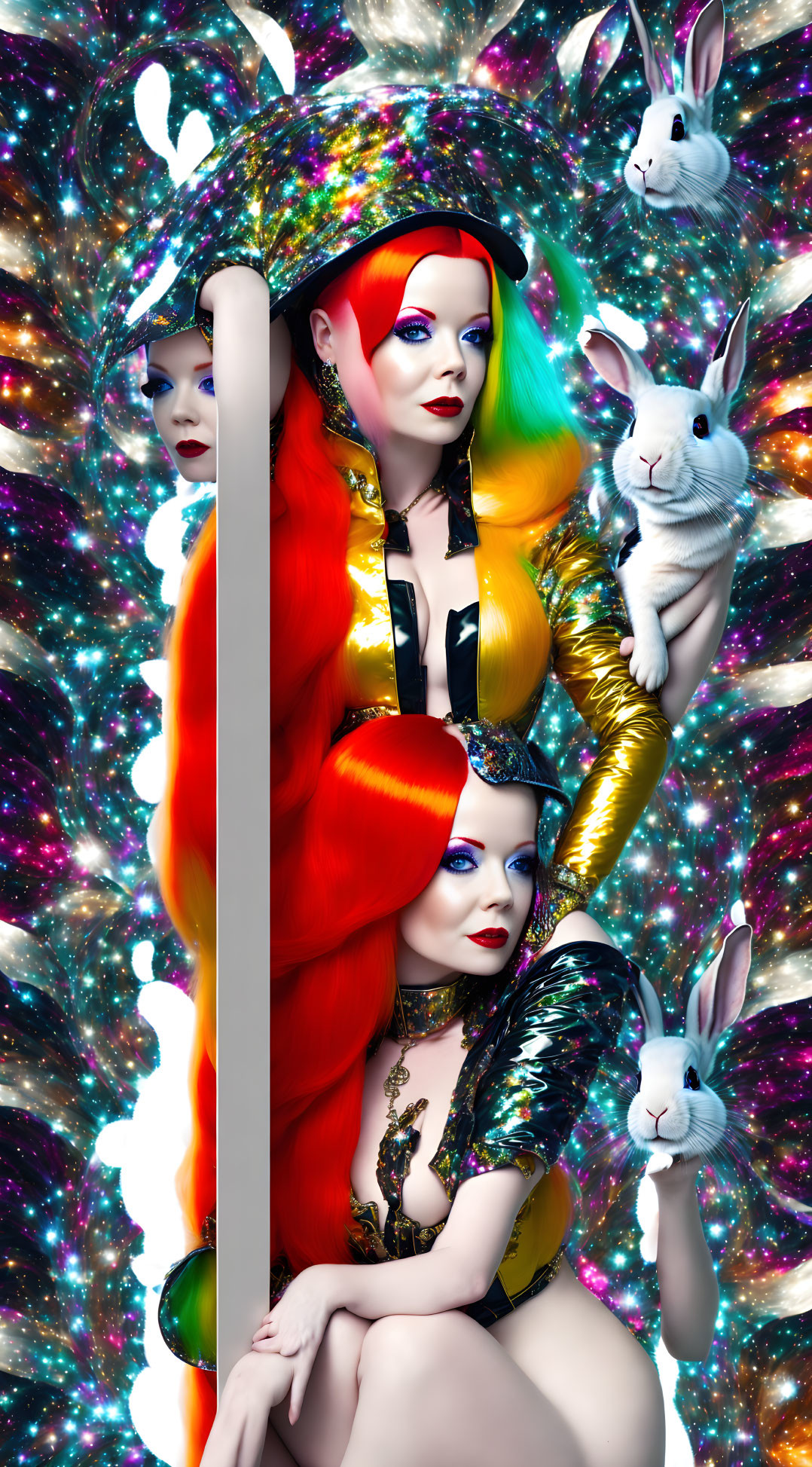 Colorful cosmic-themed image: Two women in wigs and bodysuits with white rabbits in a