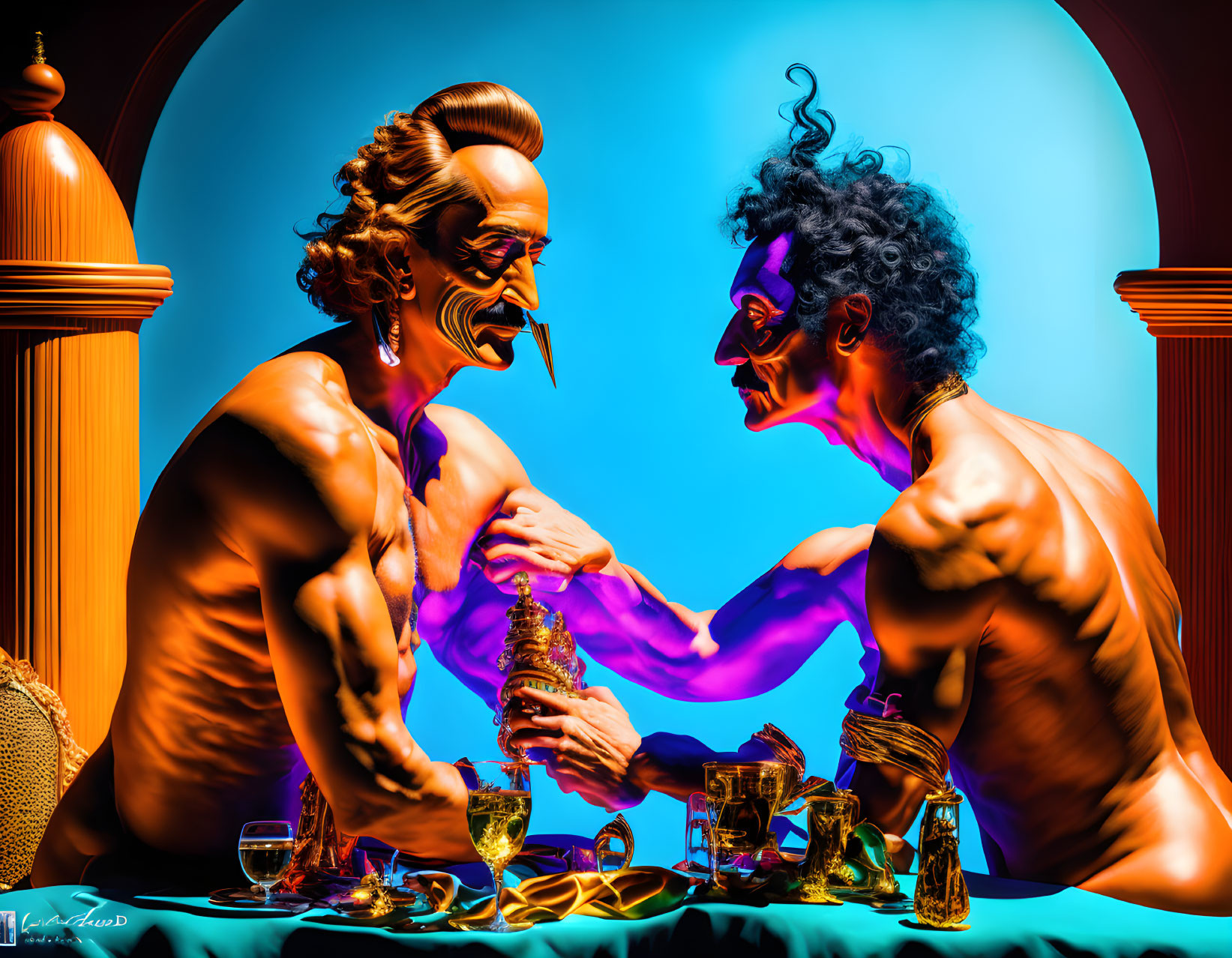 Vibrant arm-wrestling scene with muscular figures in opulent setting