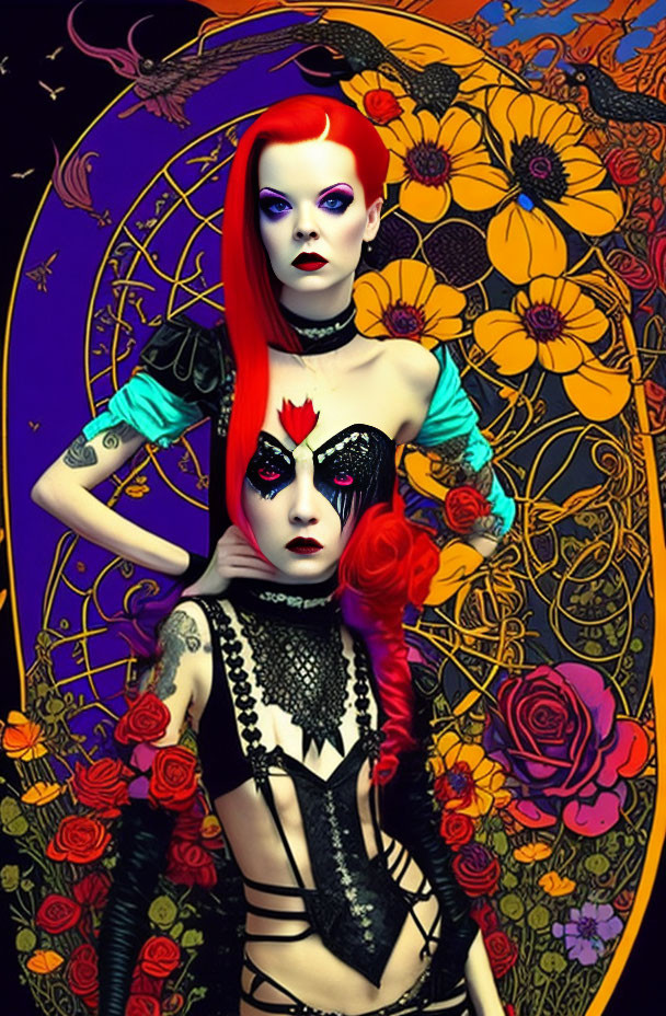 Stylized women with gothic makeup and mask against vibrant floral background