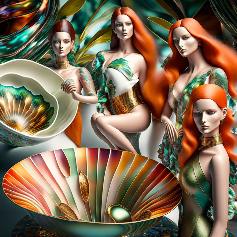 Stylized women with red hair in green dresses surrounded by shells and abstract shapes