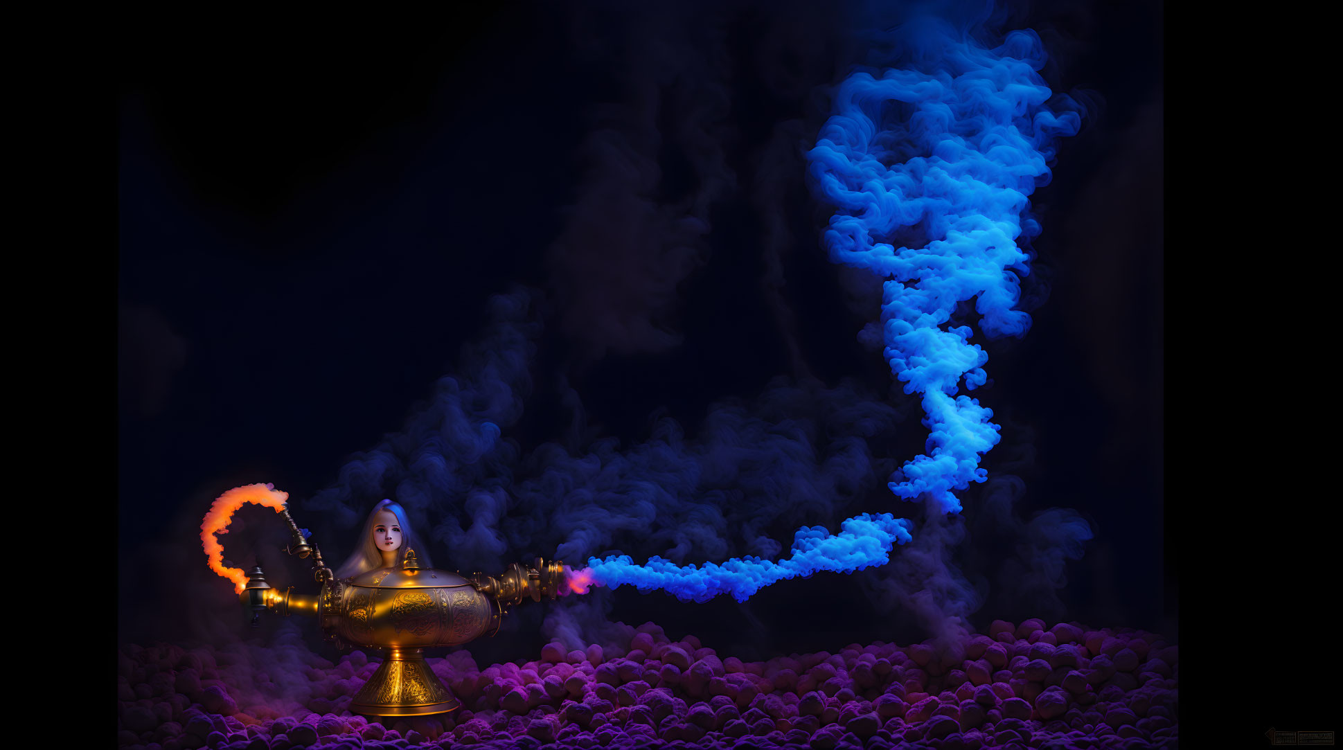 Genie emerging from golden lamp in blue mist with red spheres