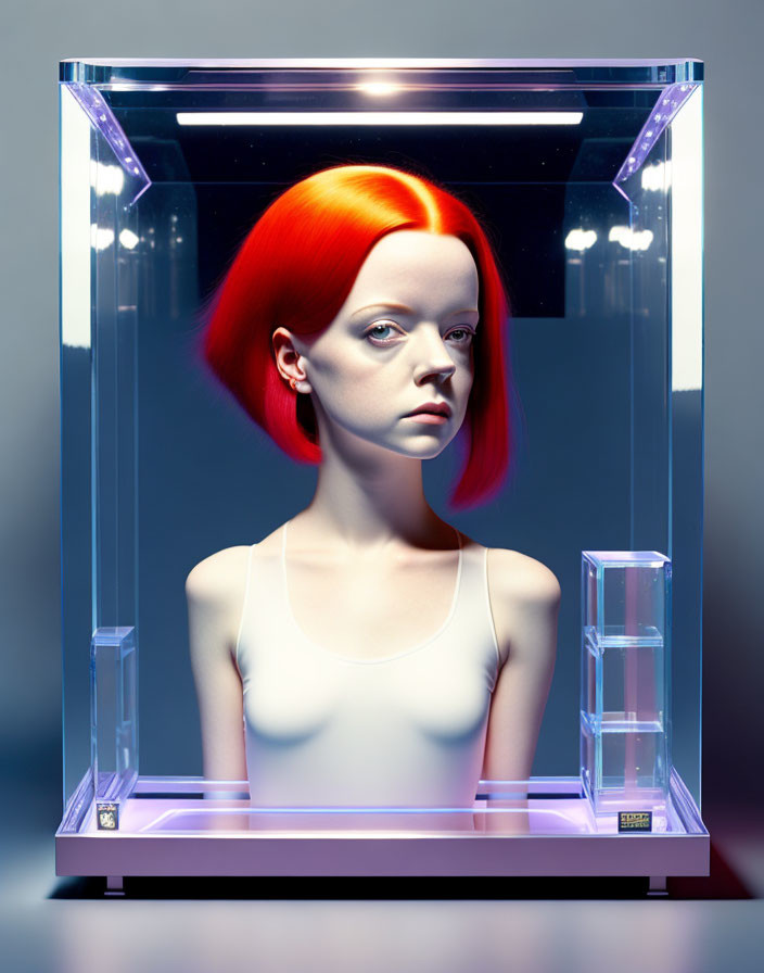 Striking red-haired woman in transparent display case on blue backdrop