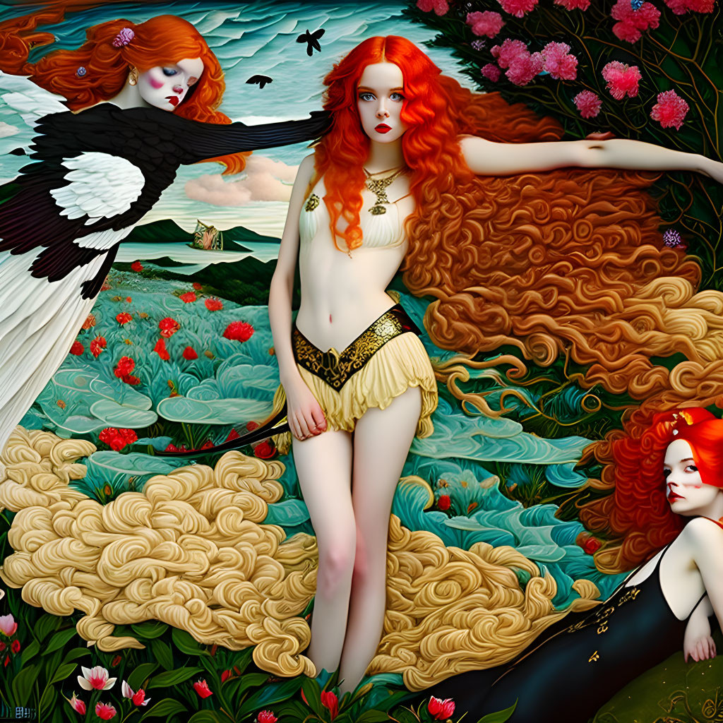 Digital artwork: Two red-haired women in lush nature with flying bird