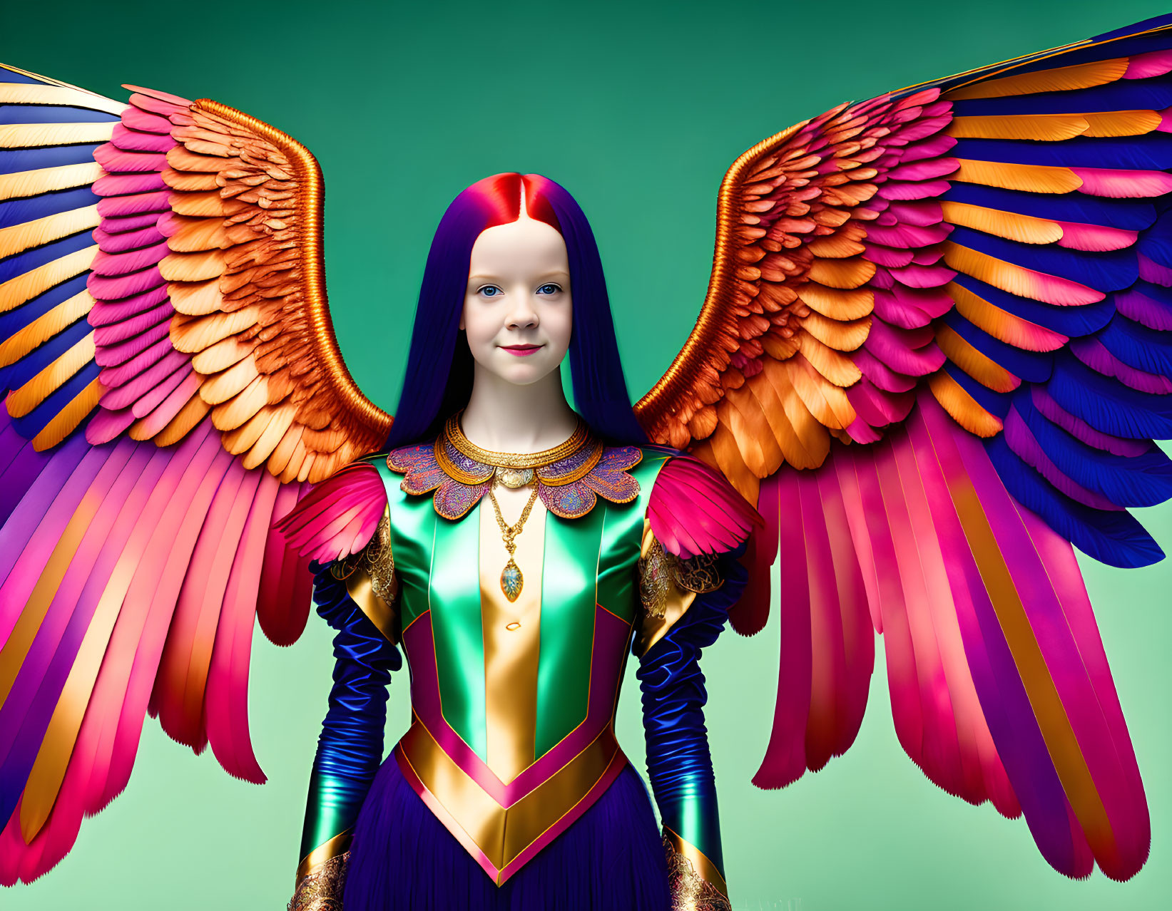 Vibrant multicolored angel wings on girl in fantasy costume