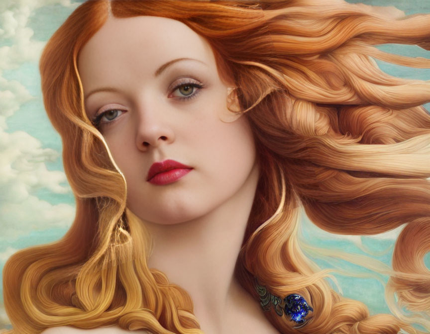 Woman with Long Red Hair and Blue Pendant in Cloudy Sky Portrait